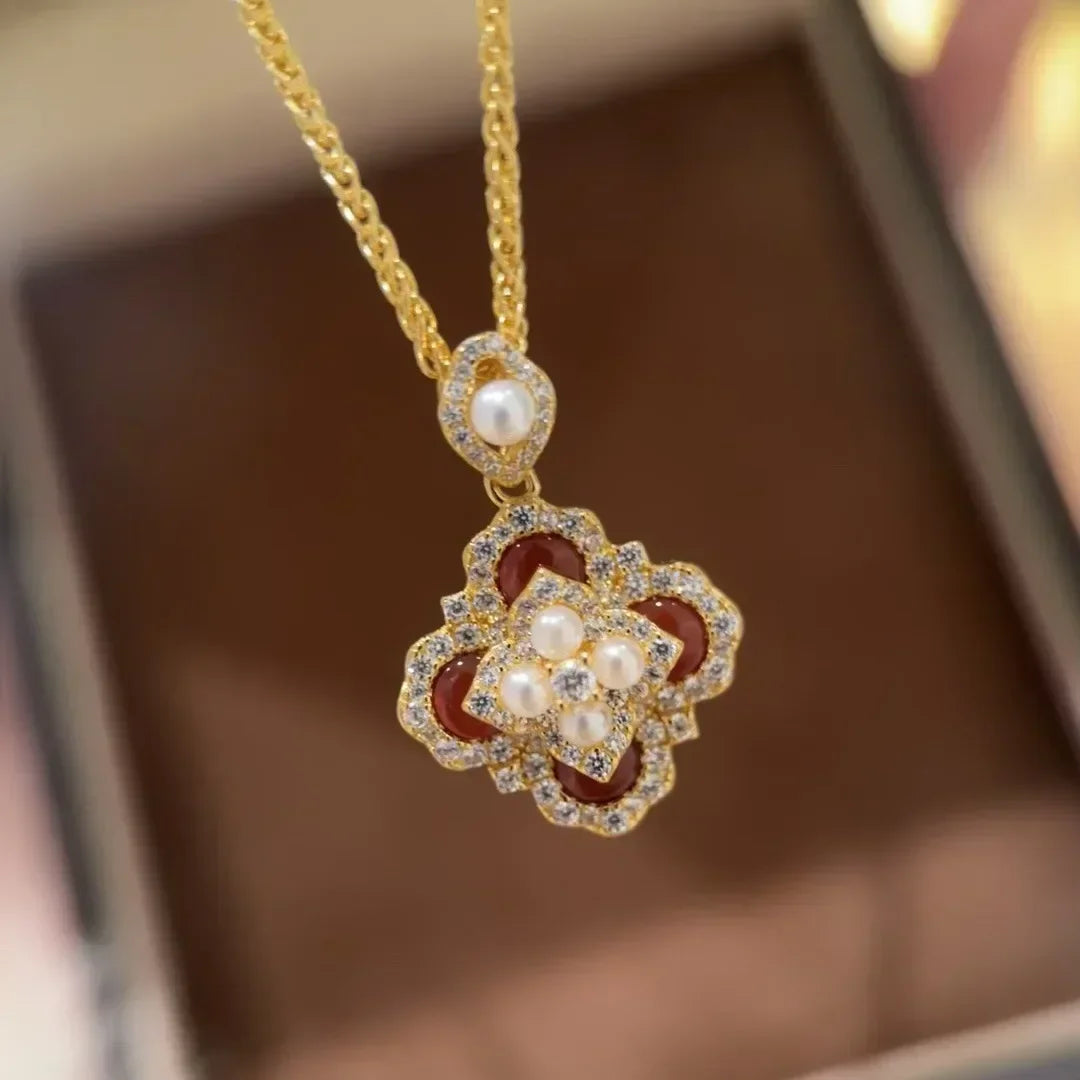 Classic and showy luxury red flower bridal jewelry sets for women exquisite pearl red chalcedony earrings rings necklace