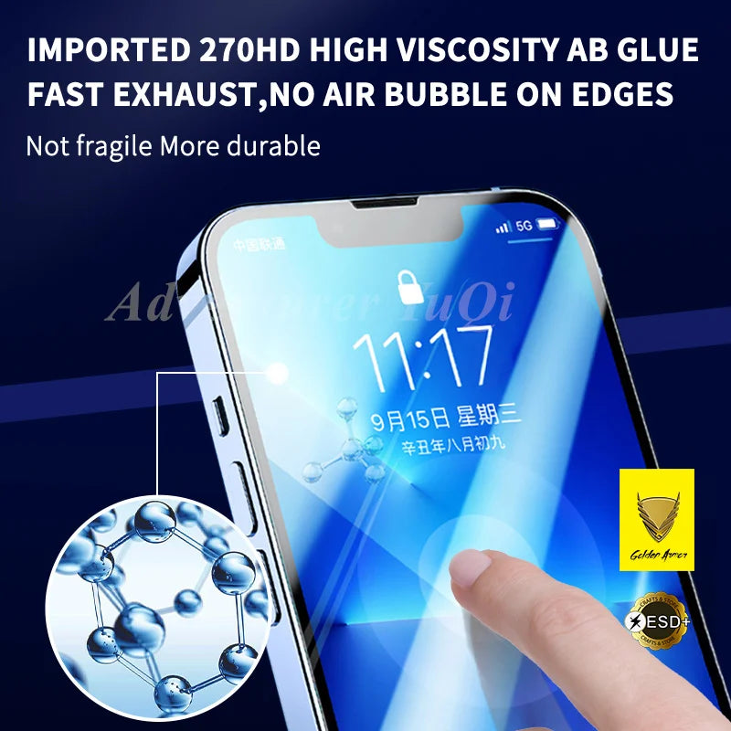 2/4Pcs For iPhone 16e 16 15 14 13 11 Pro Max 17Air Tempered Glass Screen Protector Golden Armor Luxury 12 Full Glue X XR XS Plus
