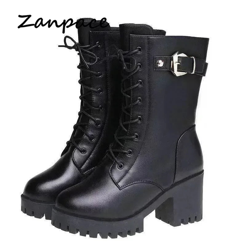 2025 Winter Leather Women Winter Boots Thick Wool Warm Women High-heeled Genuine Boot High-quality Female Snow Boots Women Shoes
