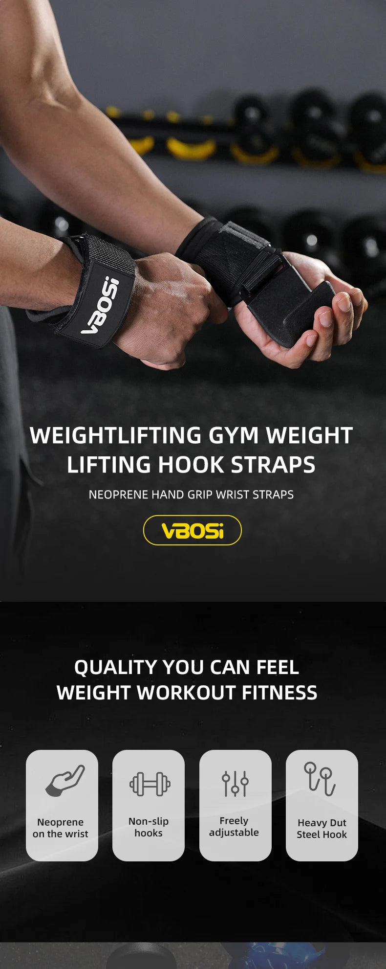VBOSi Heavy Duty Weightlifting Hooks Wrist Strap Grips Neoprene Padded Steel for Deadlifts Pull-ups Gym Training