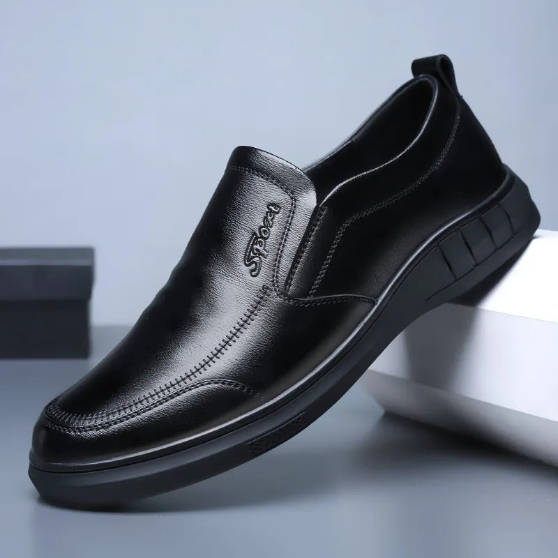Men's Leather Shoes Breathable Lightweight Business Slip-On Anti-Slip Middle-Aged And Elderly Shoes Comfortable All-Seasons Wear
