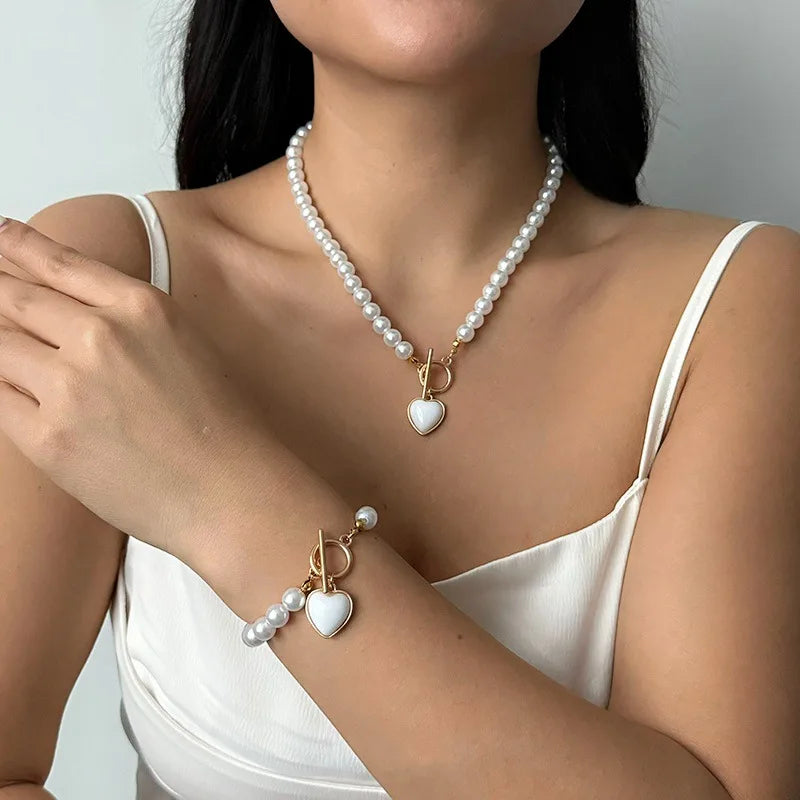 Vintage Irregular CCB Imitation Pearl Splicing Water Drop Pendant Tassel Necklace Bracelet Set Women's Fashion Charm Jewelry Set