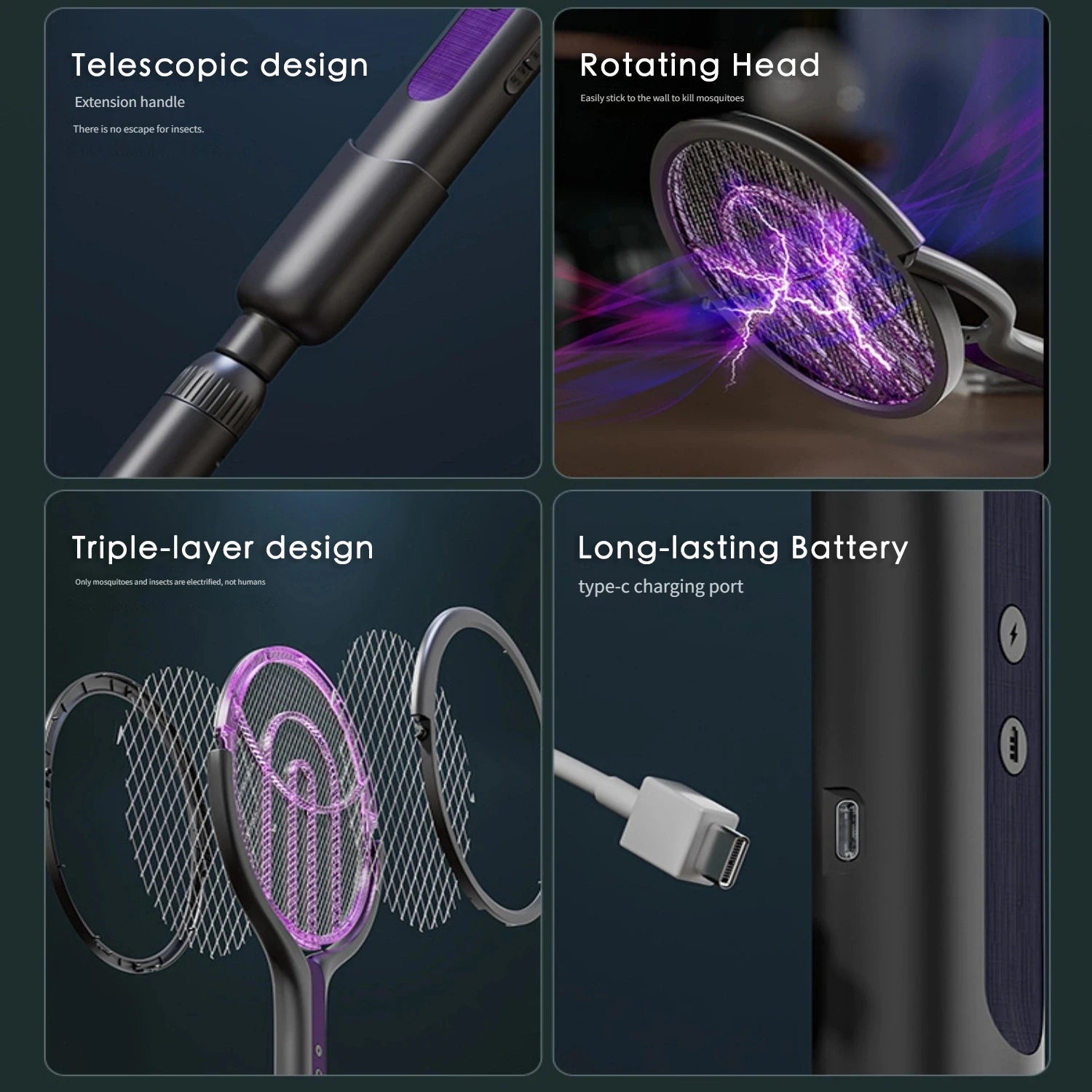 6 in 1 Retractable Mosquito Killer Swatter Racket Electric Fly Trap Bug Lamp Bat for Home House Zapper Insect Extendable Handle