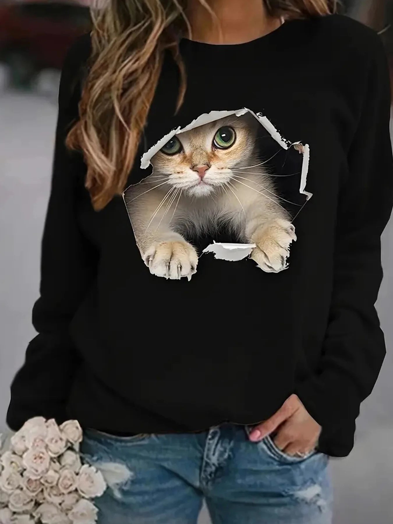 Women’s Sweatshirt with Playful Peeking Kitten Design Round Neck Cat Lover Pullover Tops Graphic Long Sleeve Sweater for Daily