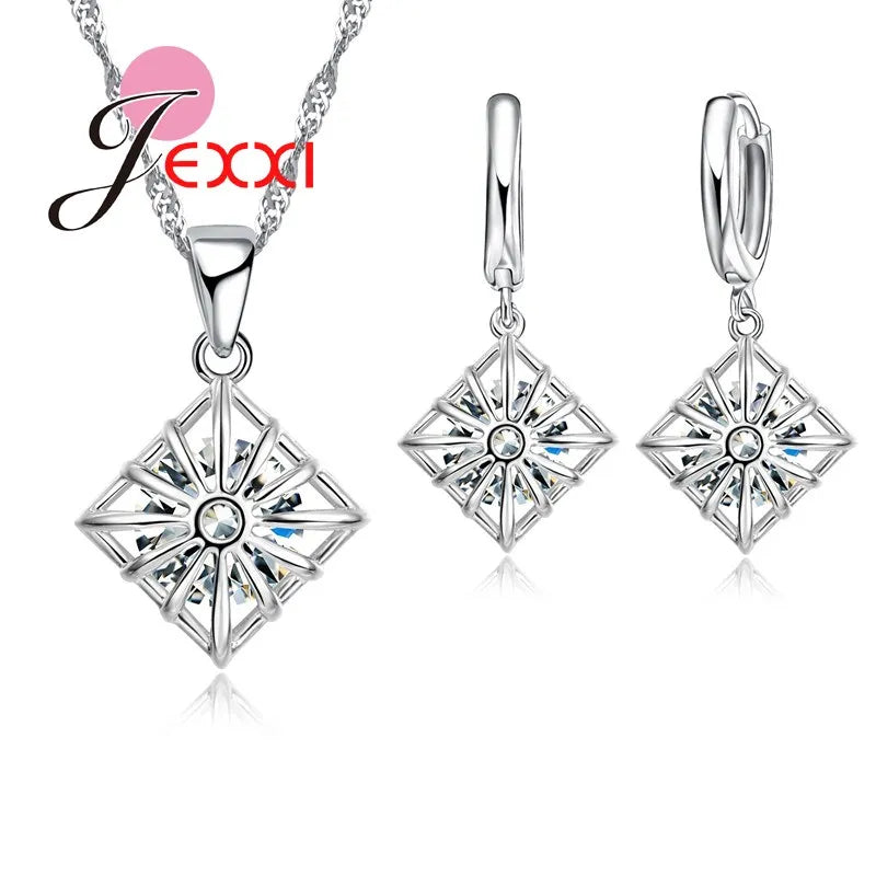 Trendy Women Wedding Jewelry Set 925Sterling Silver Color Color Austrian Crystal Pendant Fashion Necklace + Earrings Set