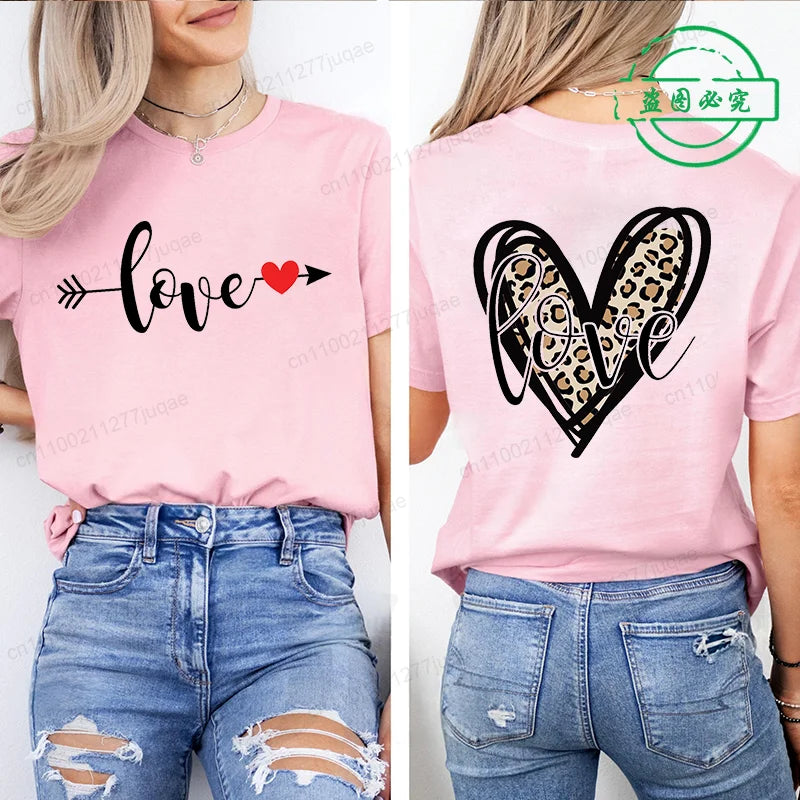 Leopard Heart Shirt T-Shirt Xmas for Women T Shirts Retro Valentine Heart T-Shirts Casual Short Sleeve Tshirt Women Pink Clothes