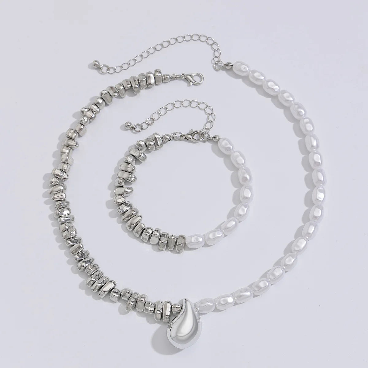 Vintage Irregular CCB Imitation Pearl Splicing Water Drop Pendant Tassel Necklace Bracelet Set Women's Fashion Charm Jewelry Set