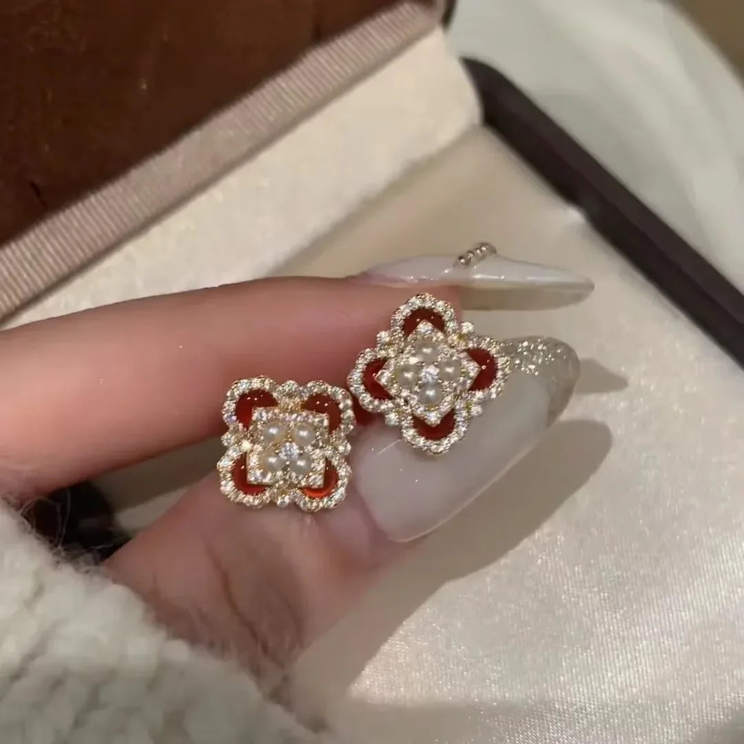 Classic and showy luxury red flower bridal jewelry sets for women exquisite pearl red chalcedony earrings rings necklace