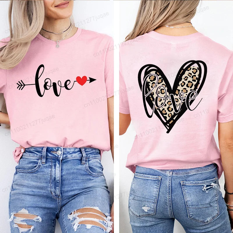 Leopard Heart Shirt T-Shirt Xmas for Women T Shirts Retro Valentine Heart T-Shirts Casual Short Sleeve Tshirt Women Pink Clothes