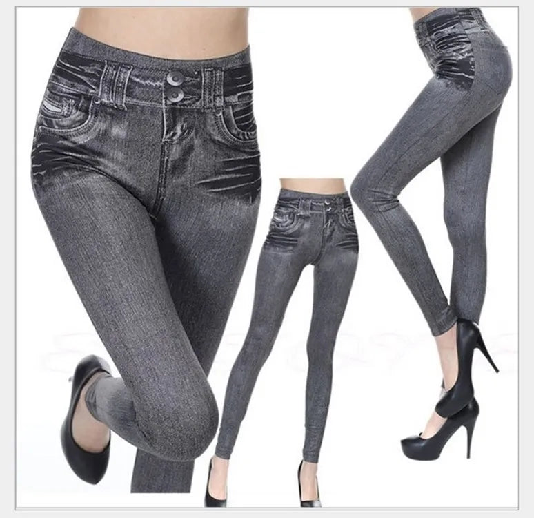 1pcs Women's Denim Print Leggings Females Fashion Slim Leggings Faux Jeans Leggings Lady Stretch Printed Tights Black Blue Pants