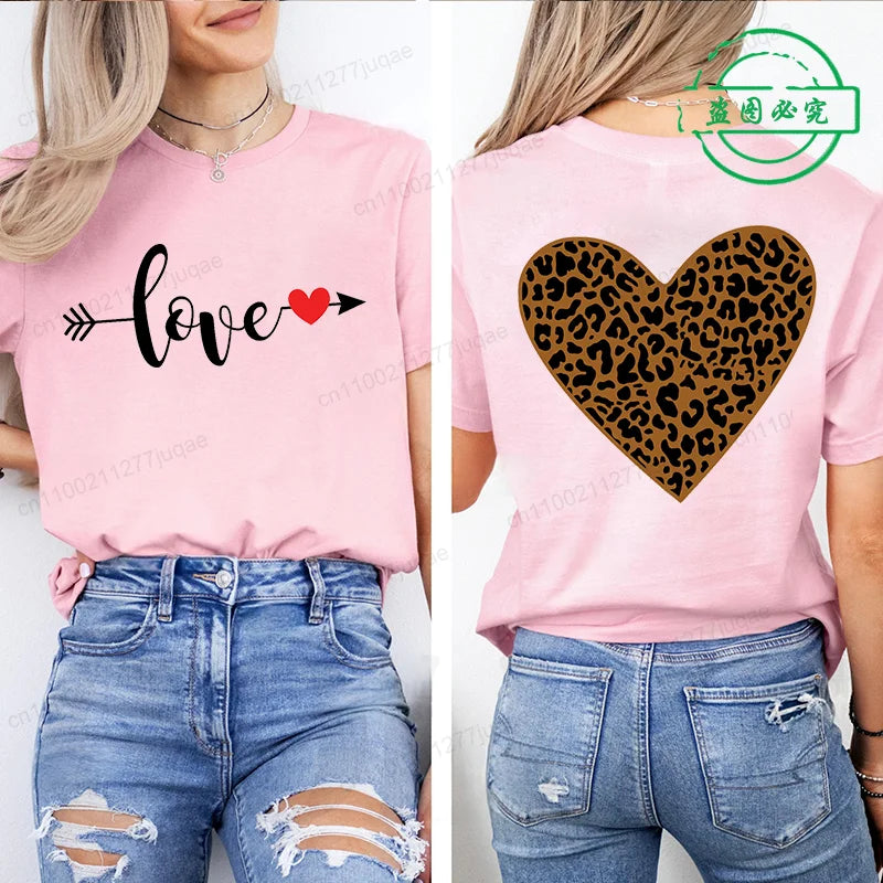 Leopard Heart Shirt T-Shirt Xmas for Women T Shirts Retro Valentine Heart T-Shirts Casual Short Sleeve Tshirt Women Pink Clothes