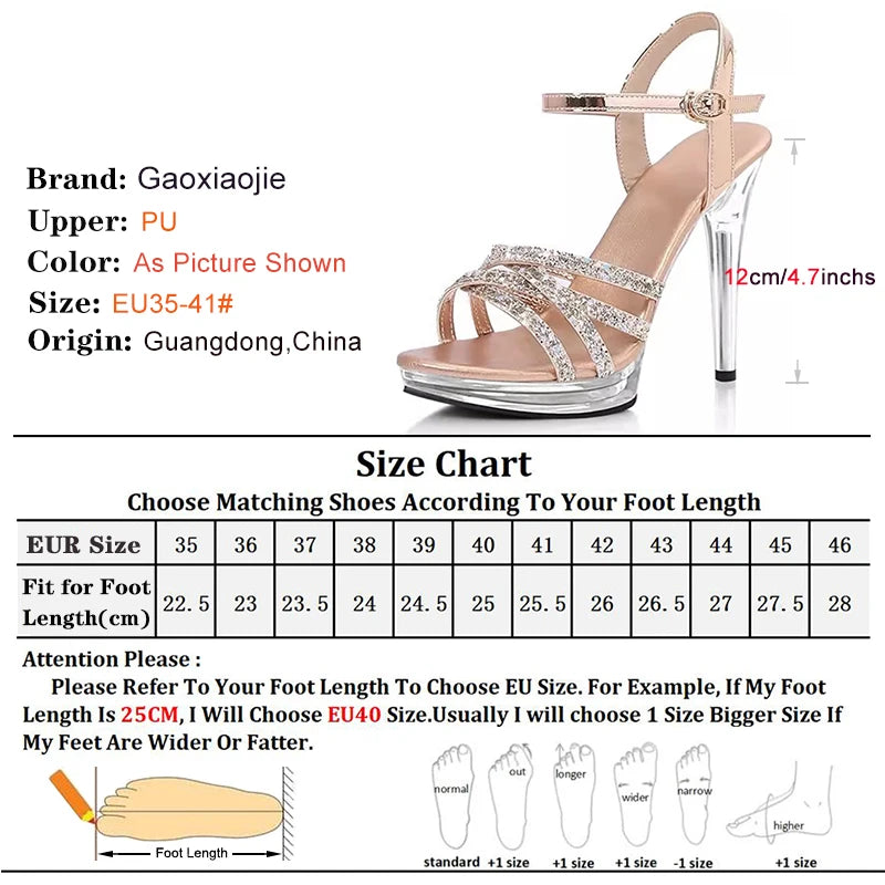 New 12cm Pole Dancing Practice Lady Shoes Narrow Band Thin Heel  Transparent Crystal Platform Woman Sandals Party Wedding Shoes