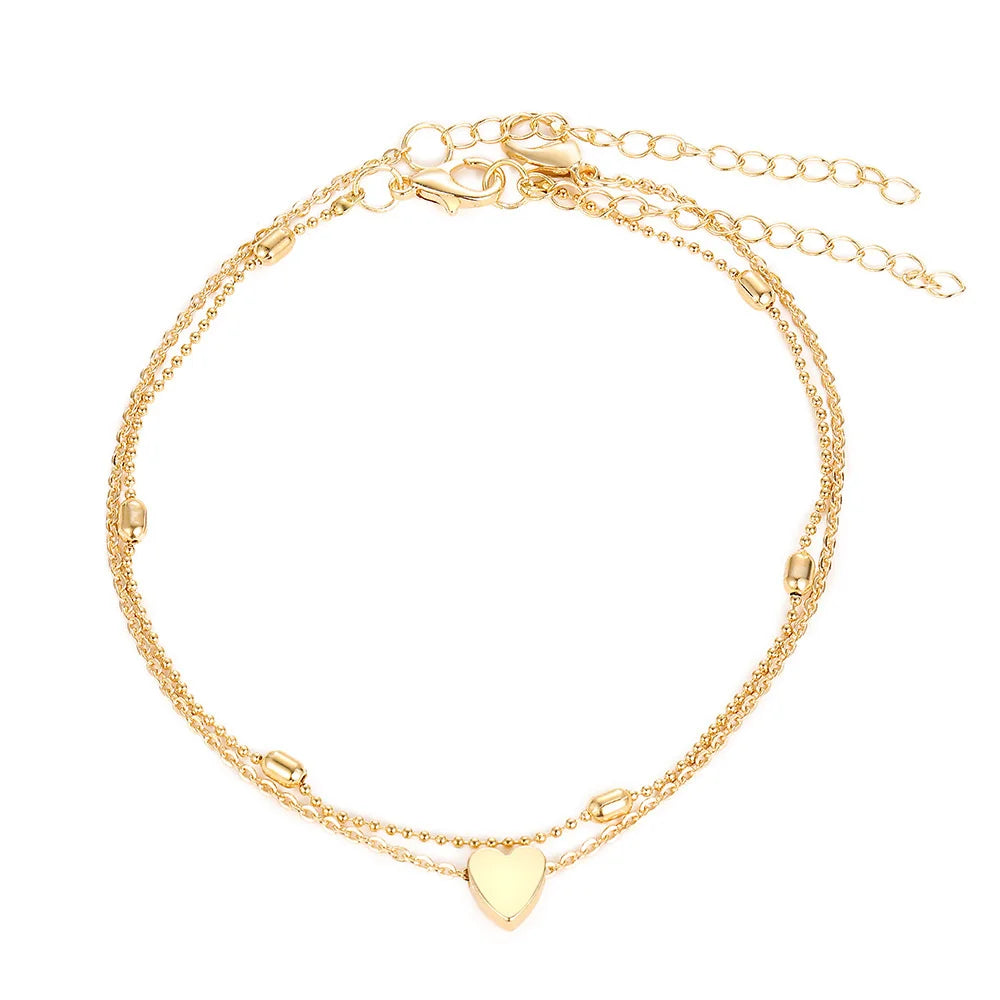 2025 Two Layers Chain Heart Style Gold/Silver Color Anklets For Women Bracelets Summer Barefoot Sandals Jewelry On Foot Leg