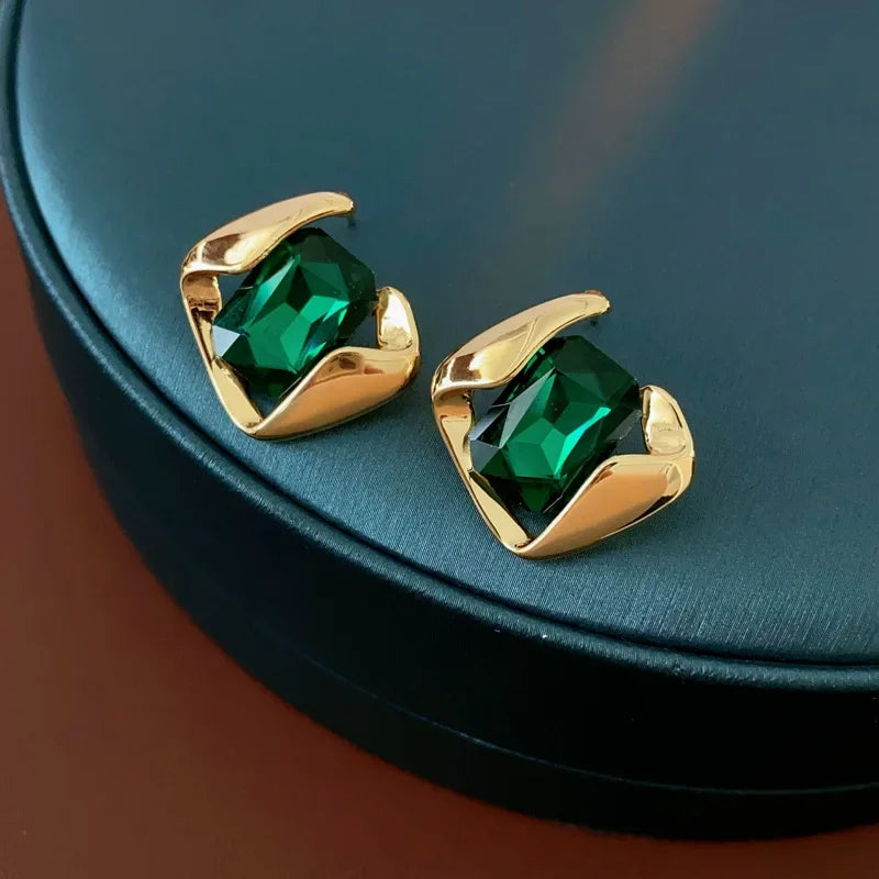 DREJEW Green Fashion Wedding Jewelry Set Wholesale Square Earring Retro Light Luxury Temperament Collarbone Chain Necklace