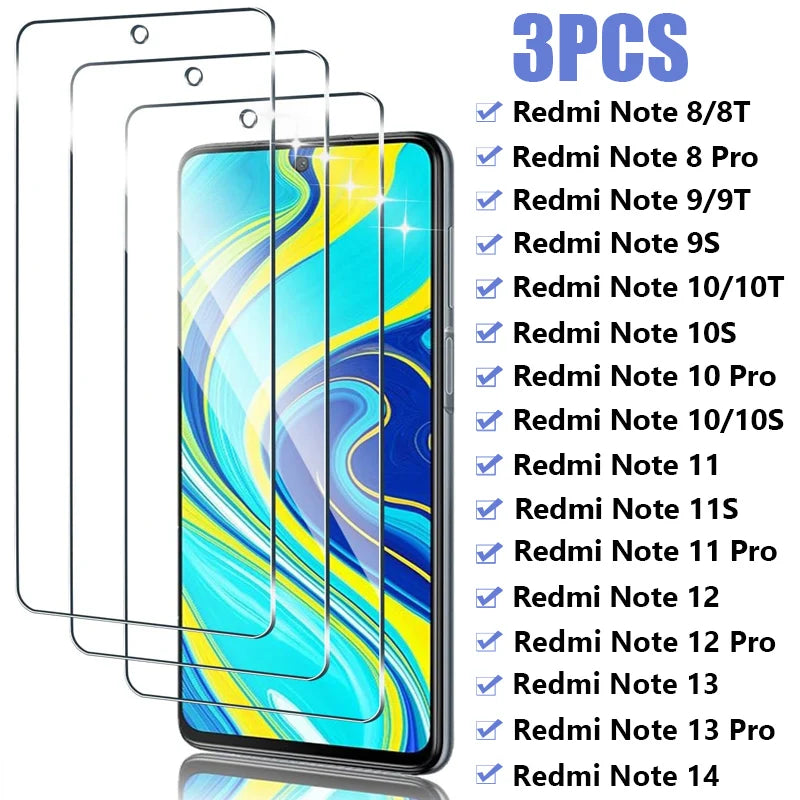 3PCS Tempered Glass For Xiaomi Redmi Note 12 11 10 9 8 Pro 12S 11S 10S 9S 8T Screen Protector For Redmi Note 14 13 Pro 5G Glass