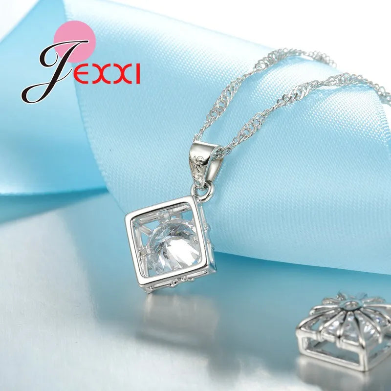 Trendy Women Wedding Jewelry Set 925Sterling Silver Color Color Austrian Crystal Pendant Fashion Necklace + Earrings Set