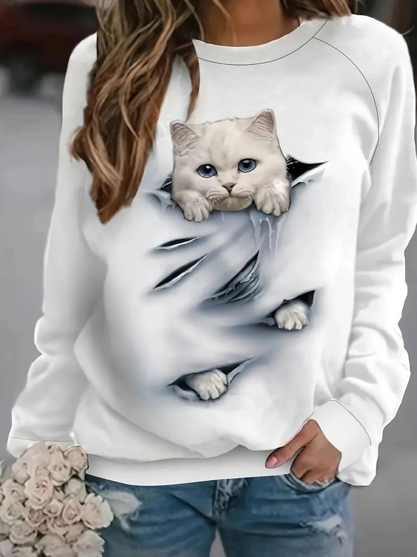 Women’s Sweatshirt with Playful Peeking Kitten Design Round Neck Cat Lover Pullover Tops Graphic Long Sleeve Sweater for Daily