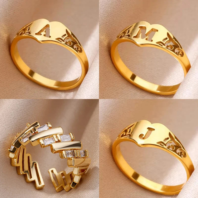 Fashion Hollow Initial Letter Heart Rings For Women Gold Color Stainless Steel A-Z Letter Ring Aesthetic Wedding Jewelry Gift