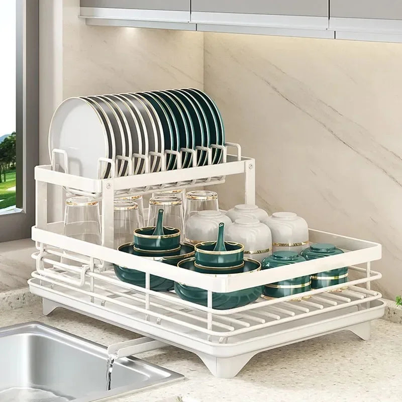 HOT Adjustable Dish Drying Rack & Drainboard Organizer for Kitchen Plates, Over Sink Countertop, Cutlery Storage with Drain Rac