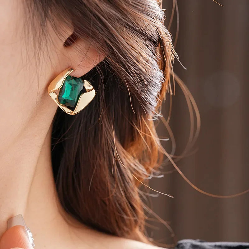 DREJEW Green Fashion Wedding Jewelry Set Wholesale Square Earring Retro Light Luxury Temperament Collarbone Chain Necklace