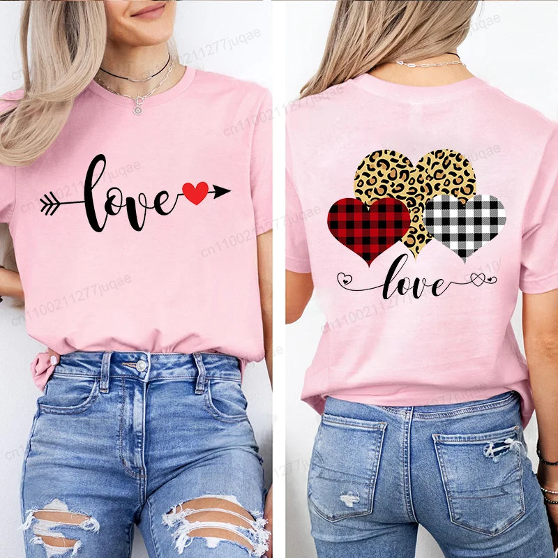 Leopard Heart Shirt T-Shirt Xmas for Women T Shirts Retro Valentine Heart T-Shirts Casual Short Sleeve Tshirt Women Pink Clothes