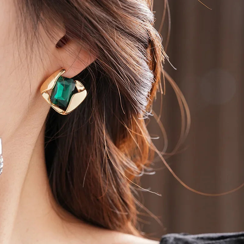 DREJEW Green Fashion Wedding Jewelry Set Wholesale Square Earring Retro Light Luxury Temperament Collarbone Chain Necklace