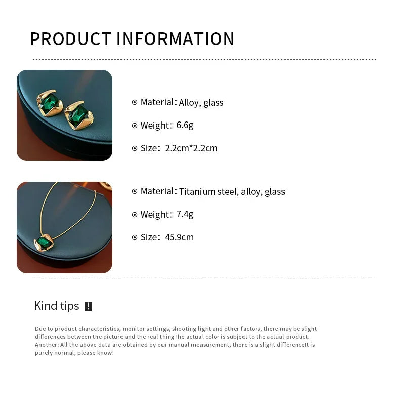 DREJEW Green Fashion Wedding Jewelry Set Wholesale Square Earring Retro Light Luxury Temperament Collarbone Chain Necklace