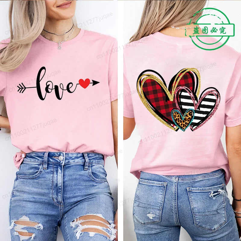 Leopard Heart Shirt T-Shirt Xmas for Women T Shirts Retro Valentine Heart T-Shirts Casual Short Sleeve Tshirt Women Pink Clothes