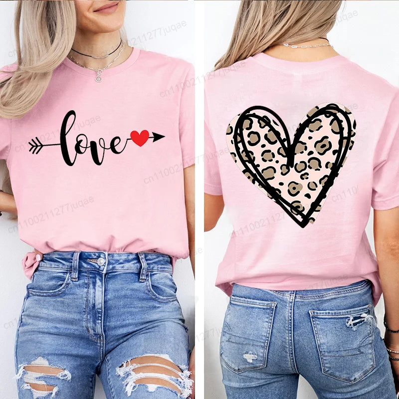 Leopard Heart Shirt T-Shirt Xmas for Women T Shirts Retro Valentine Heart T-Shirts Casual Short Sleeve Tshirt Women Pink Clothes