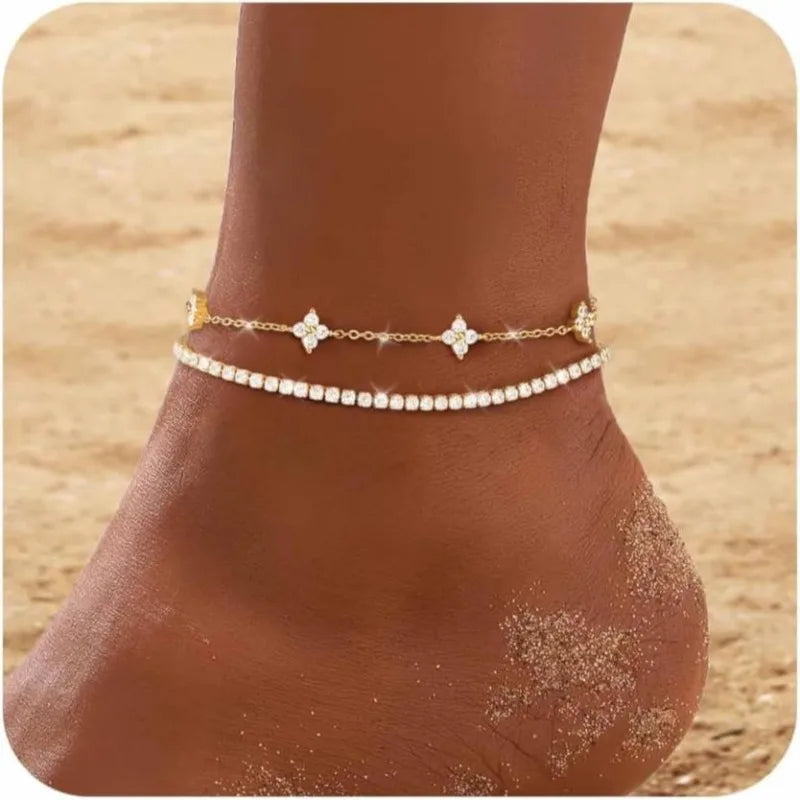 Gold Anklets for Women 14K Gold Plated Stainless Steel Waterproof Dainty Zircon Crystal Layered Chain Anklet Trendy Foot Jewelry