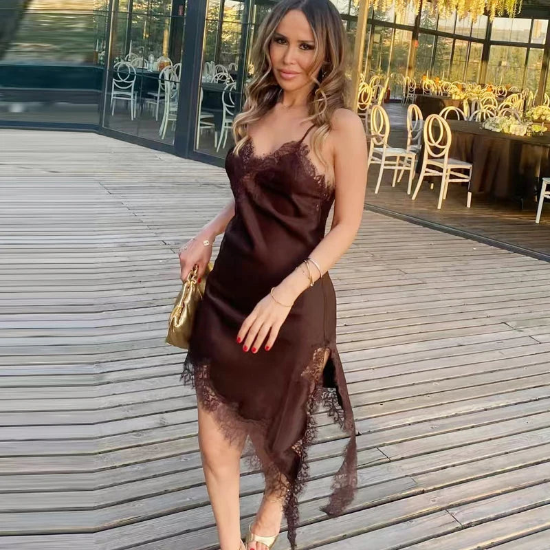 HXAO Womens Dresses Lace Asymmetric Slip Dress Summer 2025 Sexy Evening Dresses Ladies Mini Brown Sleeveless Backless Vestidos