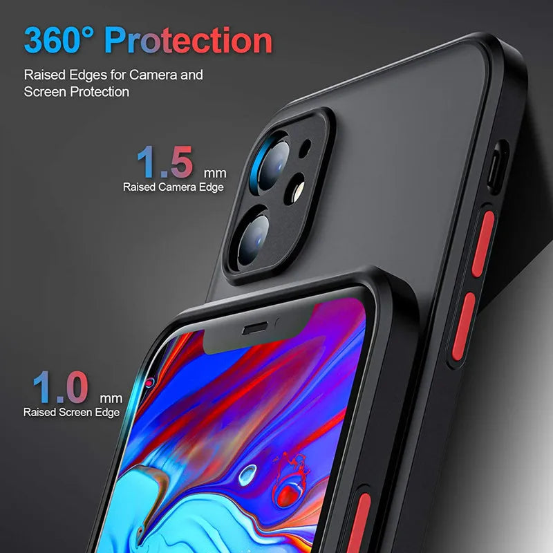 Shockproof Armor Matte Case For iPhone 11 12 13 14 15 16 Pro X XR XS Max 7 8Plus Luxury Silicone Bumper Clear Hard PC Cover Capa