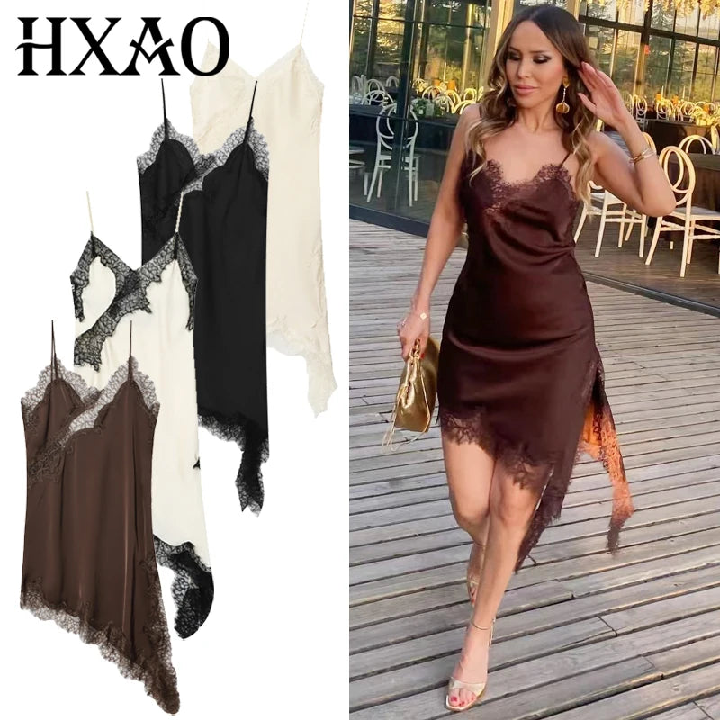 HXAO Womens Dresses Lace Asymmetric Slip Dress Summer 2025 Sexy Evening Dresses Ladies Mini Brown Sleeveless Backless Vestidos