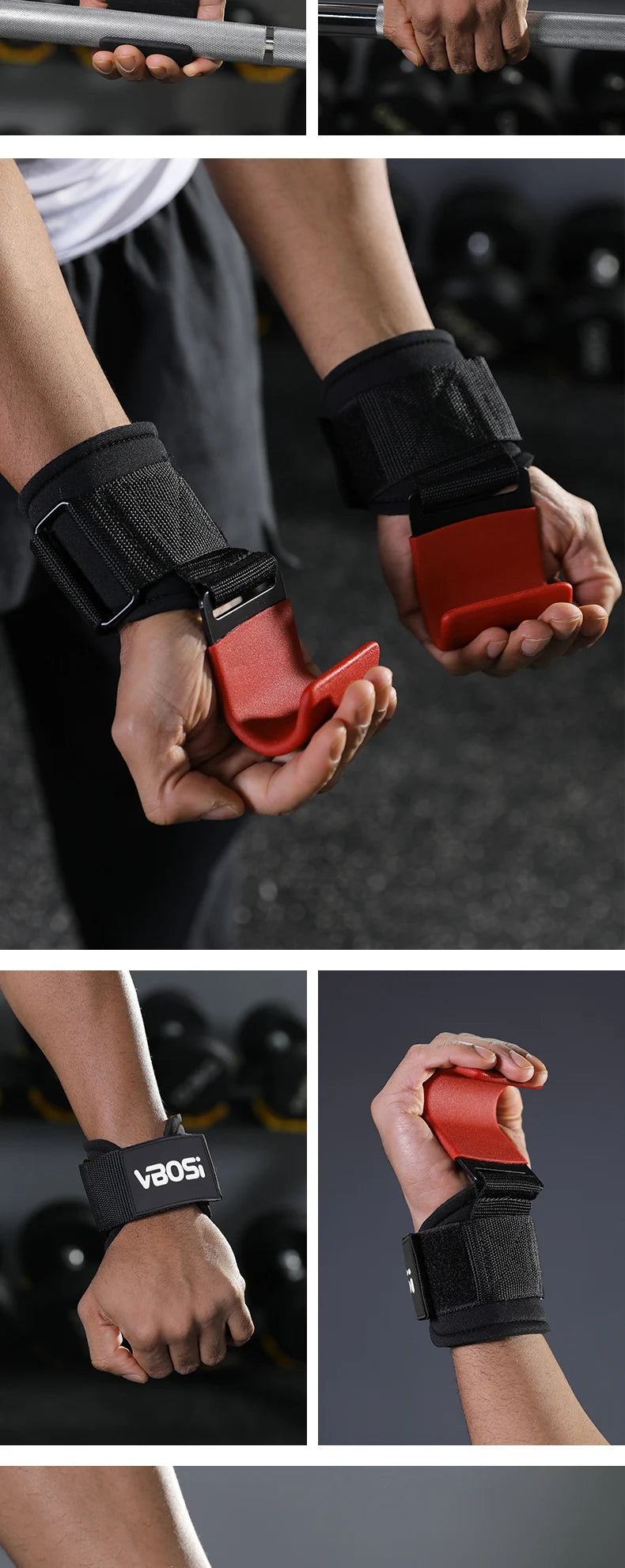 VBOSi Heavy Duty Weightlifting Hooks Wrist Strap Grips Neoprene Padded Steel for Deadlifts Pull-ups Gym Training