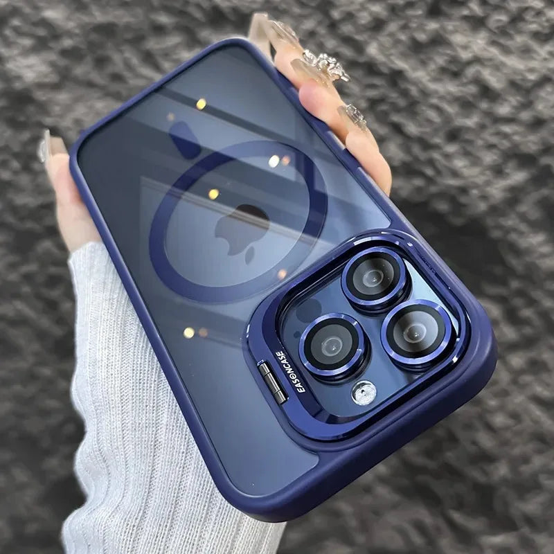 Luxury Magnetic Shockproof Phone Case For iPhone 15 14 13 12 11 16 17 Pro Max Plus 16E Funda Stand Glass Lens Protection Cover