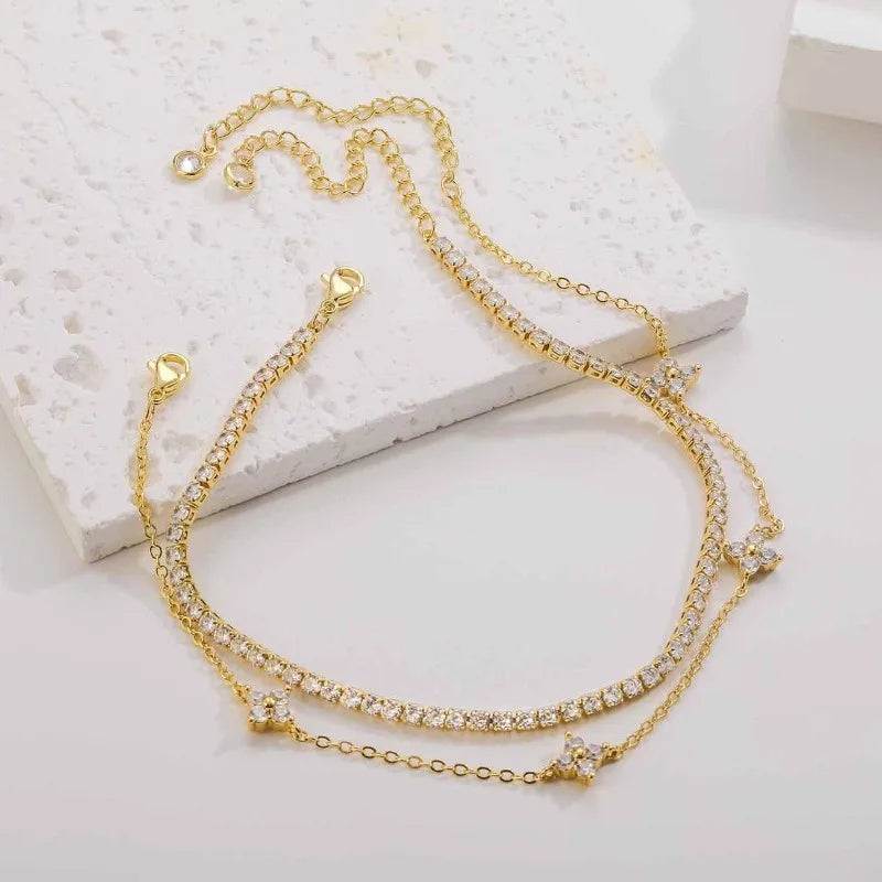 Gold Anklets for Women 14K Gold Plated Stainless Steel Waterproof Dainty Zircon Crystal Layered Chain Anklet Trendy Foot Jewelry