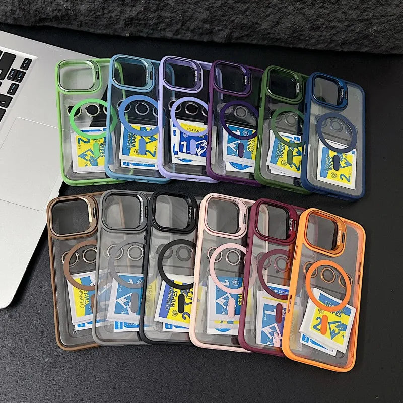 Luxury Magnetic Shockproof Phone Case For iPhone 15 14 13 12 11 16 17 Pro Max Plus 16E Funda Stand Glass Lens Protection Cover