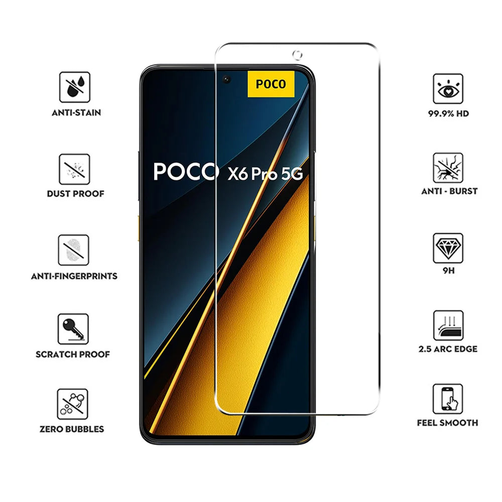 4PCS Tempered Glass For POCO X6 X7 X5 X4 X3 F7 F6 F5 GT Pro Screen Protectors For POCO M6 M5 M3 Pro 5G C65 C40 Protective Glass