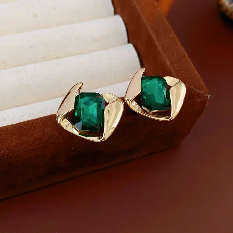 DREJEW Green Fashion Wedding Jewelry Set Wholesale Square Earring Retro Light Luxury Temperament Collarbone Chain Necklace