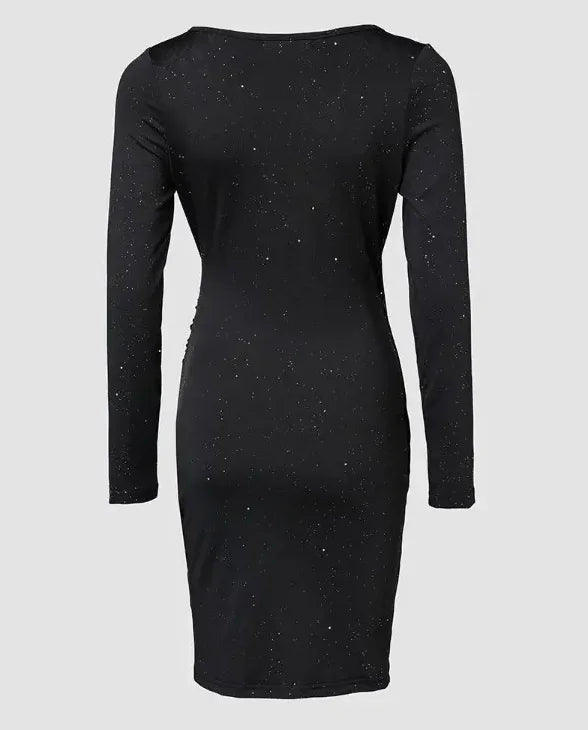 Elegant Black V-Neck Long Sleeve Mini Dress with Glitter Detail - Stretchy Polyester  Ruched Cocktail Party Gown for Women, Cock
